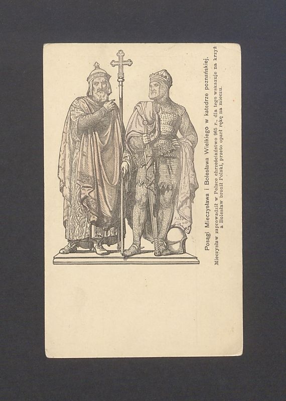 Posąg Mieszka I i Bolesława Chrobrego w katedrze poznańskiej - pocztówka wydana nakładem Józefa Chociszewskiego w Gnieźnie.