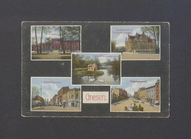 Pocztówka wieloobrazkowa. Dworzec kolejowy, Starostwo (Urząd Miasta), Park Miejski, ul. Chrobrego, ul. Dąbrówki.