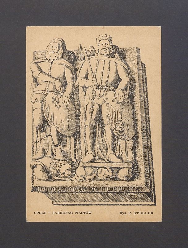 Sarkofag Piastów opolskich w kościele franciszkańskim - Bolko I i Bolko II - wiek XIV. Rysunek w zbiorach Liceum Pedagogicznego w Opolu.