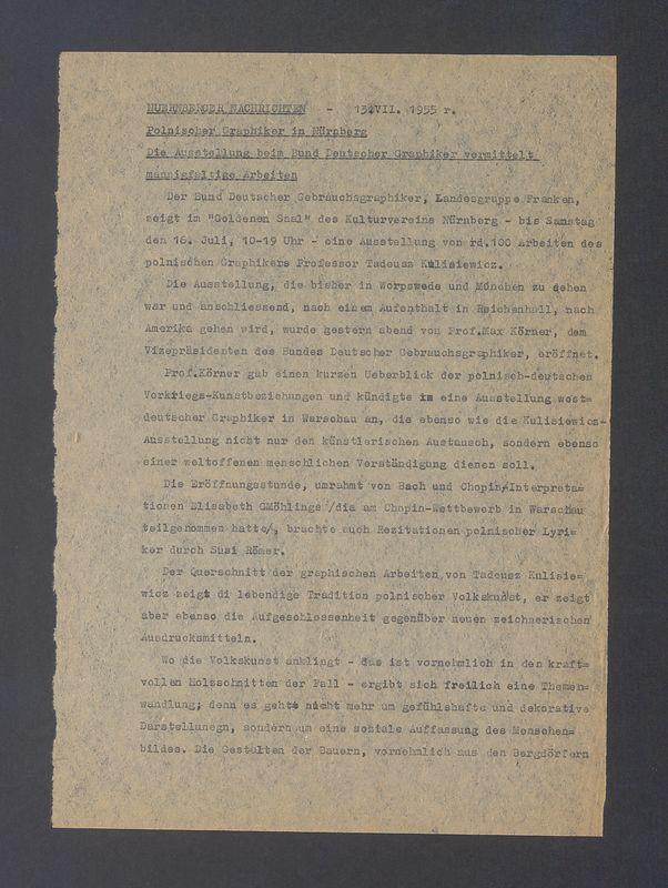 Recenzja. Polnischer Graphiker in Nurnberg. Die Ausstellung beim Bund Deutscher Graphiker [...]