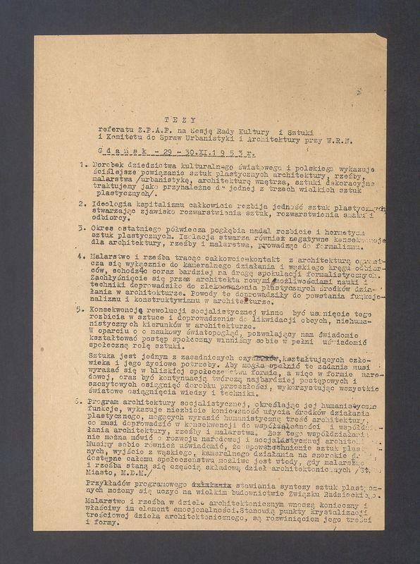Tezy referatu Z.P.A.P. na sesję Rady Kultury i Sztuki i Komitetu do spraw Urbanistyki i Architektury