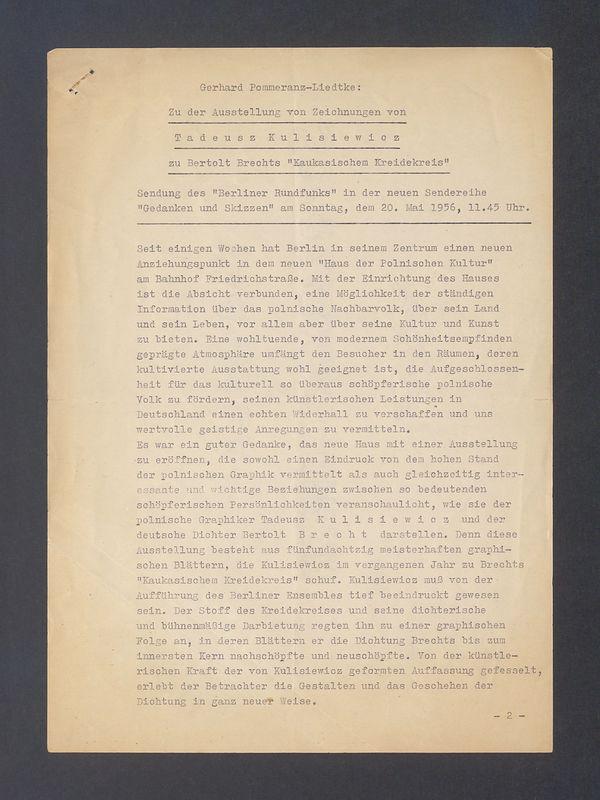 Zu der Ausstellung von Zeichnungen von Tadeusz Kulisiewicz