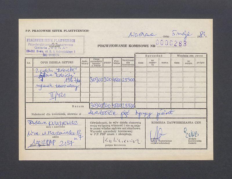Pokwitowanie komisowe. Z cyklu "Kobieta" - "Głowa kobiety" 1967/68 rysunek lawowany