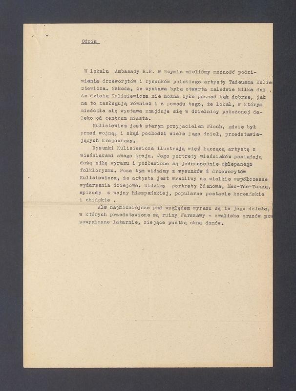 Odpis. W lokalu ambasady R.P. w Rzymie mieliśmy możność podziwiania drzeworytów i rysunków [...]