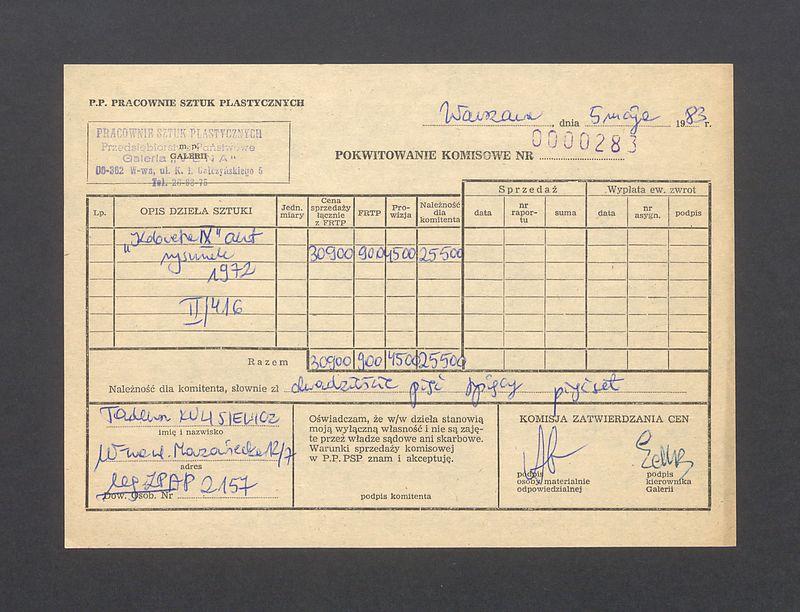 Pokwitowanie komisowe. "Kobieta IX" akt rysunek 1972