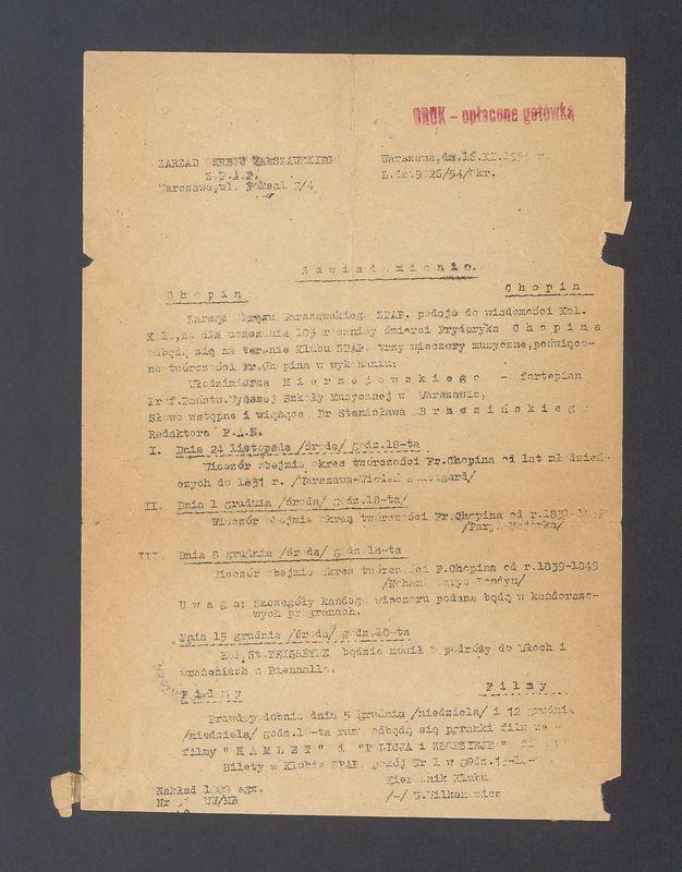 Zawiadomienie o wieczorach muzycznych poświęconych twórczości F. Chopina