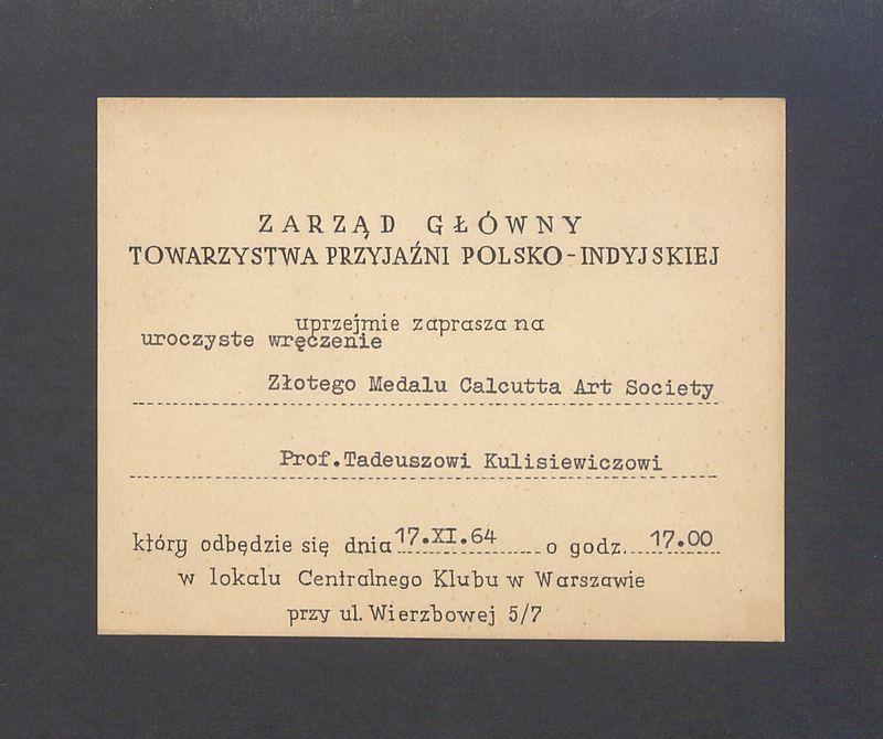 Zaproszenie na wręczenie Złotego Medalu Calcutta Art Society Prof. Tadeuszowi Kulisiewiczowi
