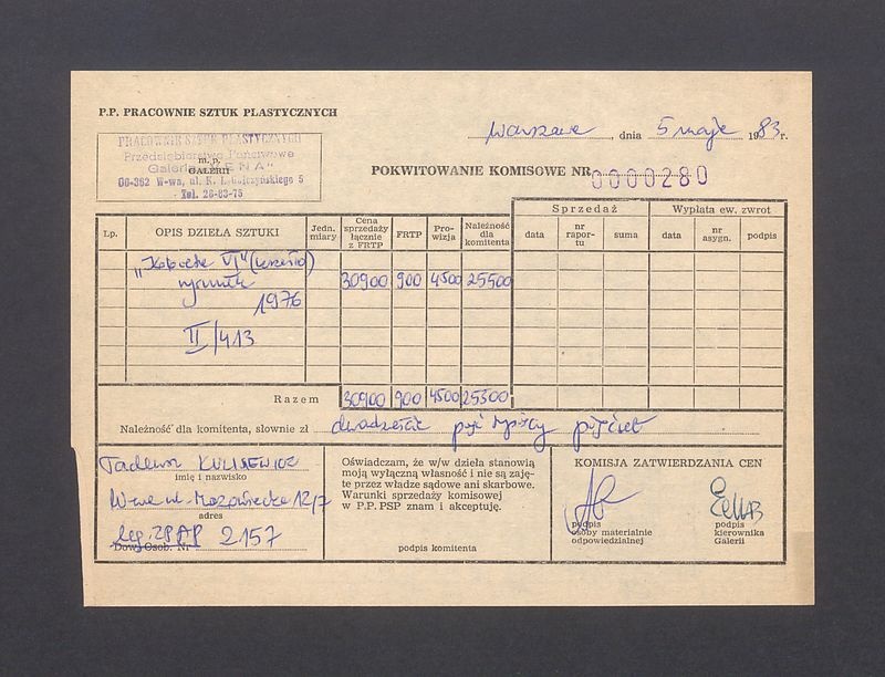 Pokwitowanie komisowe. "Kobieta VI" (krzesło) rysunek