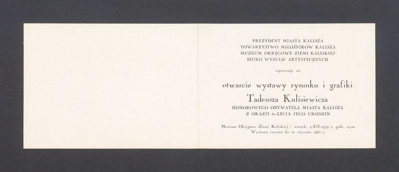 Zaproszenie na otwarcie wystawy rysunków i grafiki Tadeusza Kulisiewicza