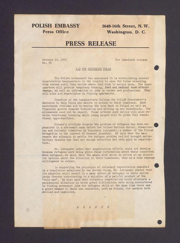 Press release. Aid for returning Poles