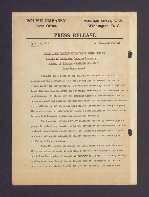 Press release. Polish peace congress urges ban on atomic weapons