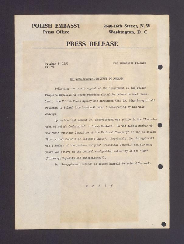 Press release. Dr Szczypiorski returns to Poland