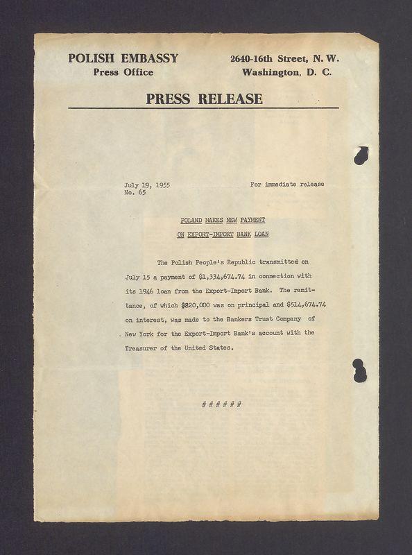 Press release. Poland makes a new payment on export-import bank loan