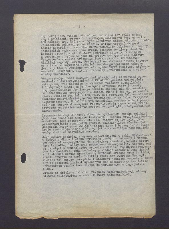 Tekst przemówienia Dyrektora Generalnego Narodowego Instytutu Sztuk Pięknych na otwarciu wystawy prac T. Kulisiewicza w Meksyku