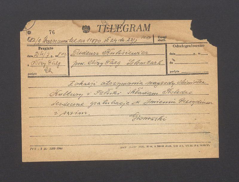 Telegram. Z okazji otrzymania nagrody Ministra Kultury i Sztuki [...]