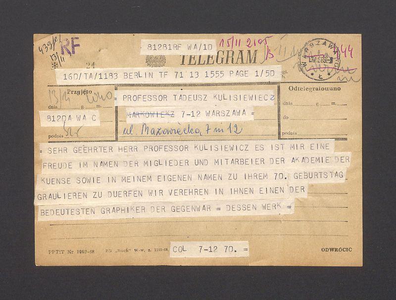 Telegram. Sehr geehrter herr professor Kulisiewicz es ist mir eine Freude [...]