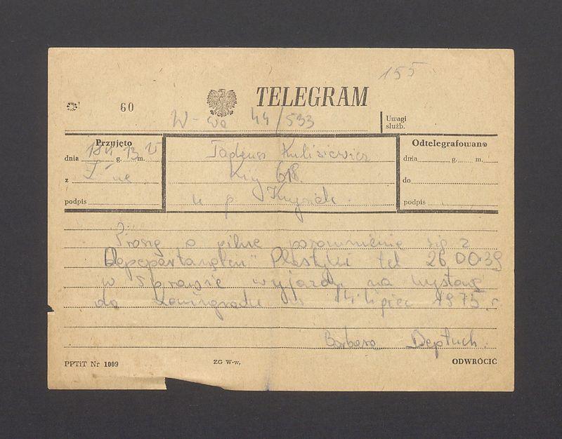 Telegram. Proszę o pilne porozumienie się z Departamentem Plastyki [...]