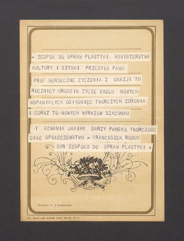 Telegram. Zespół do spraw Plastyki Ministerstwa Kultury i Sztuki przesyła Panu Prof serdeczne życzenia [...]