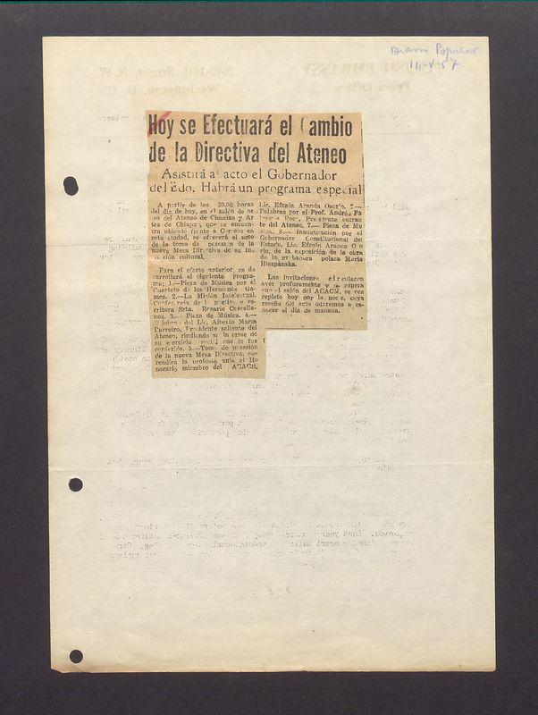 Hoy se Efectuara el Cambio de la Directiva del Ateneo