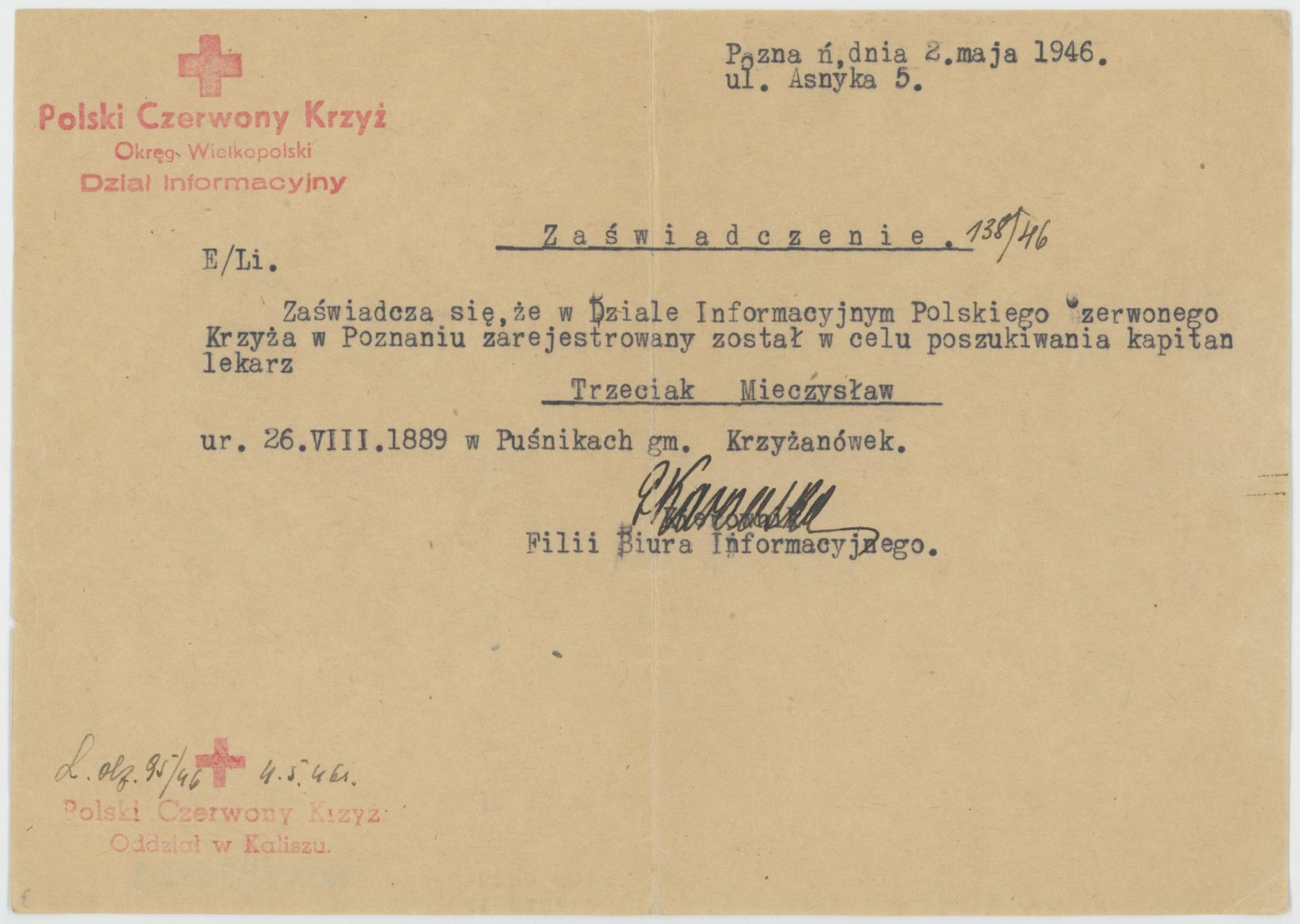 Zaświadczenie z PCK o rejestracji Mieczysława Trzeciaka jako poszukiwanego
