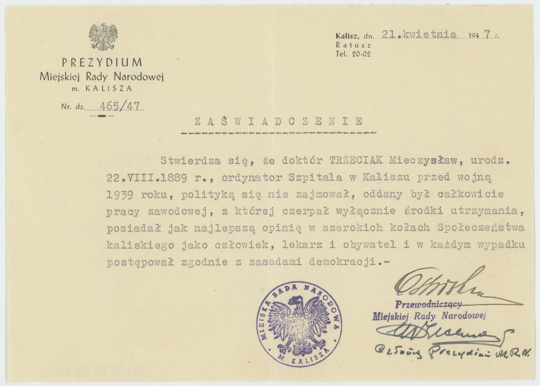 Opinia Prezydium MRN m. Kalisza o Mieczysławie Trzeciaku