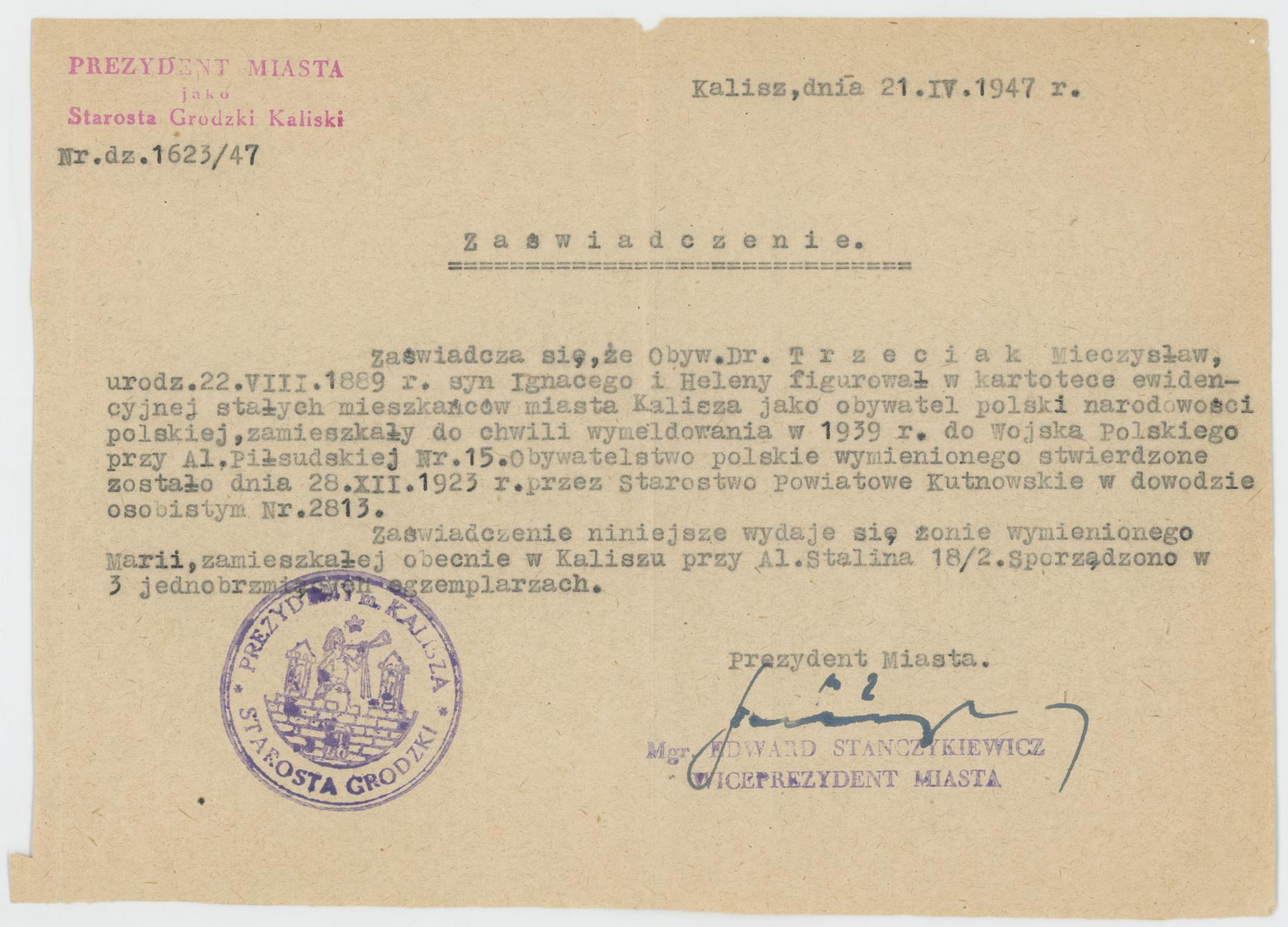 Zaświadczenie o zameldowaniu w Kaliszu Mieczysława Trzeciaka