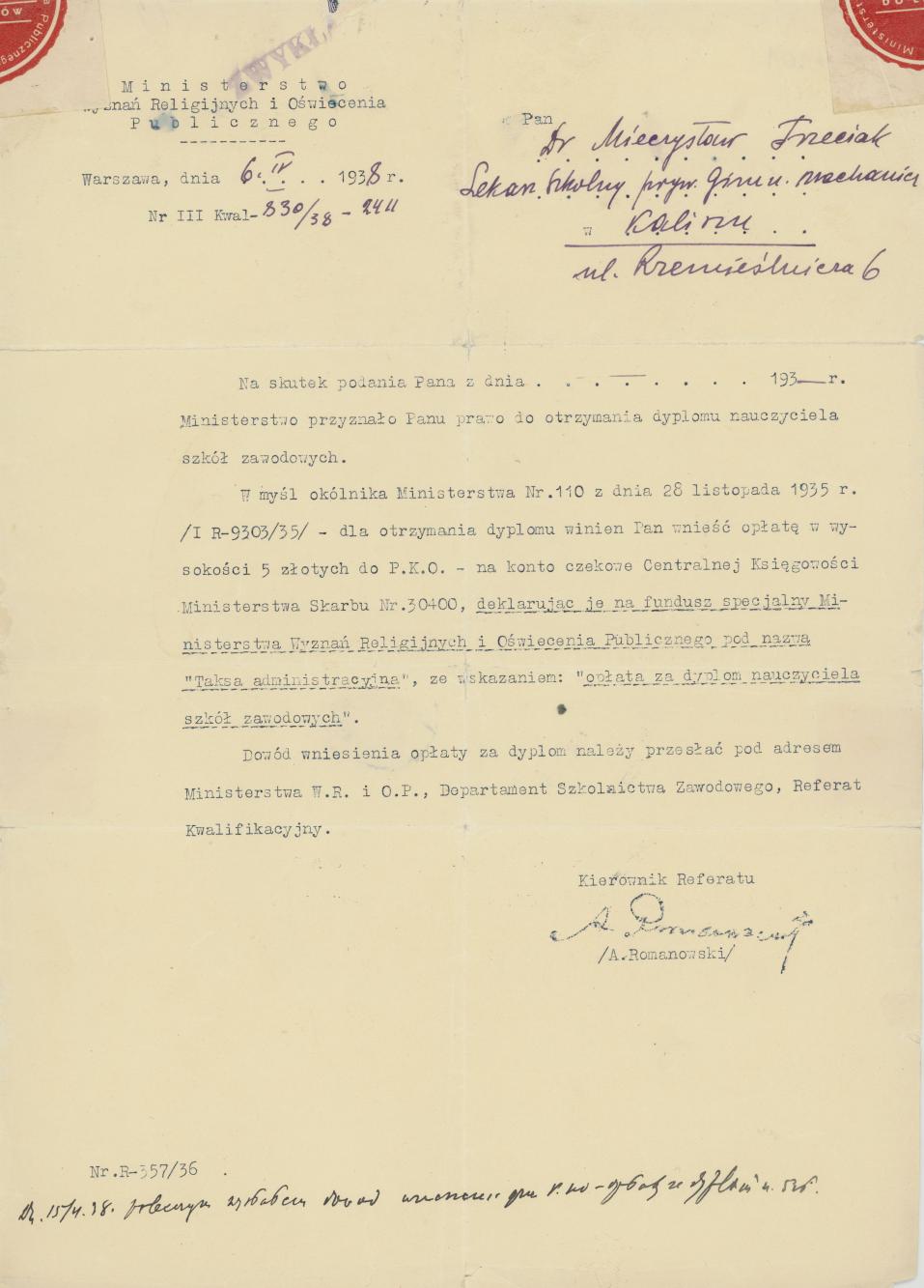 Pismo informujące o przyznaniu Mieczysławowi Trzeciakowi prawa do otrzymania dyplomu nauczyciela