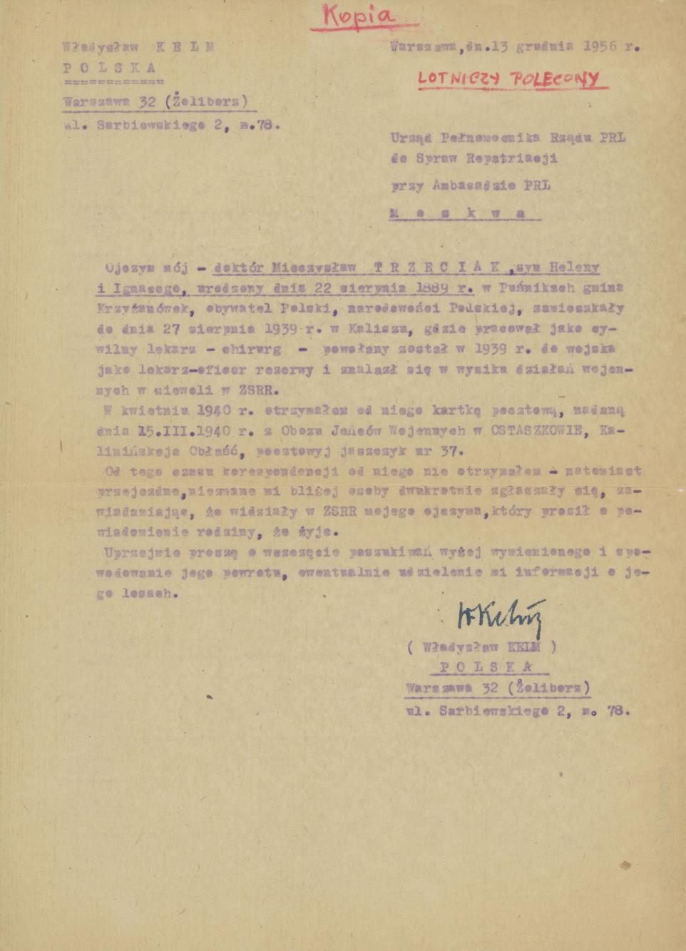 Pismo W. Kelma do Urzędu Pełnomocnika Rządu PRL ds. repatriacji