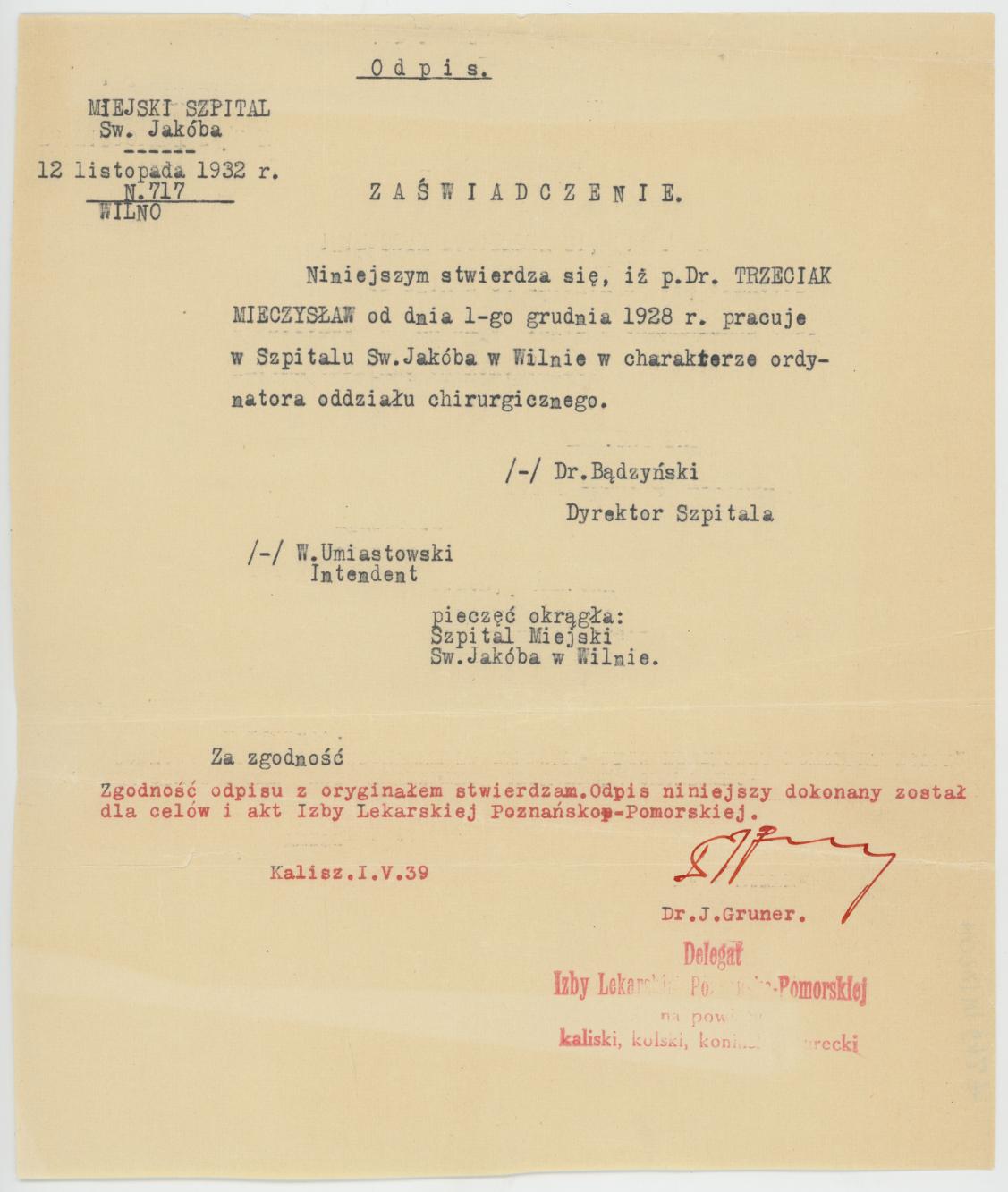 Zaświadczenie o pracy Mieczysława Trzeciaka w Szpitalu św. Jakuba w Wilnie