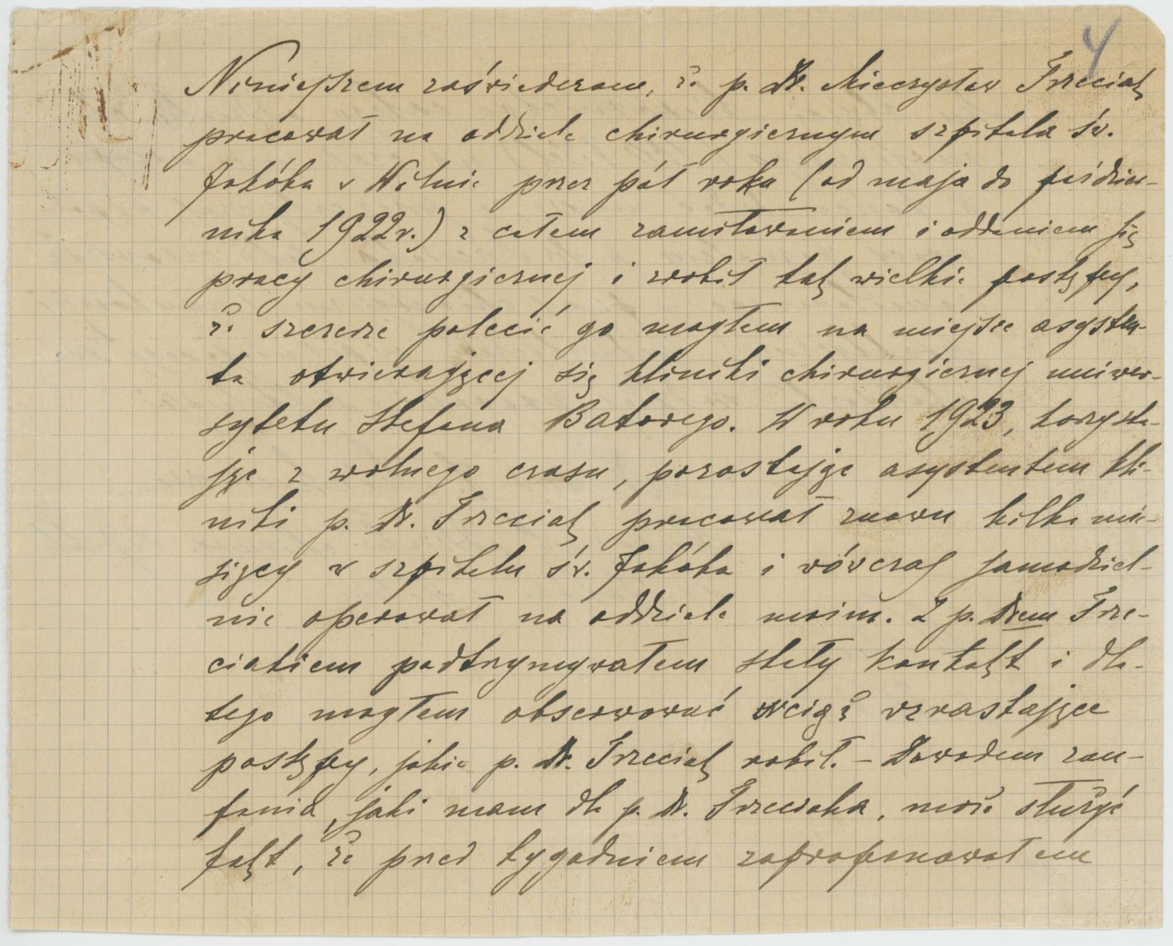 Zaświadczenie ze Szpitala św. Jakóba w Wilnie potwierdzające pracę Mieczysława Trzeciaka