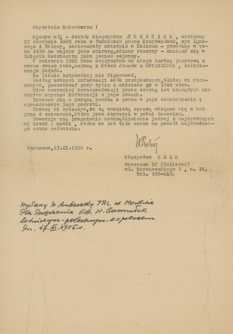 Pismo W. Kelma do Ambasady PRL w Moskwie dot. Mieczysława Trzeciaka