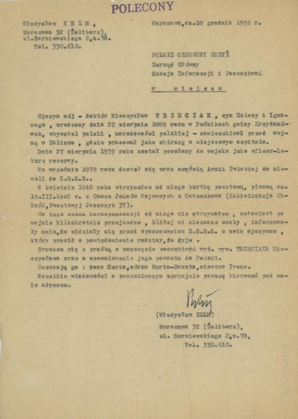 Pismo W. Kelma do PCK ws. Mieczysława Trzeciaka