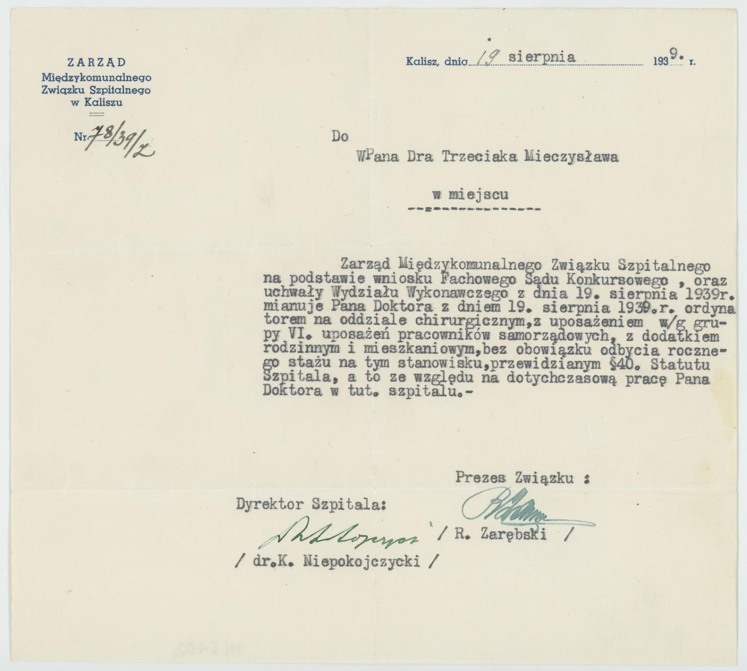 Nominacja Mieczysława Trzeciaka na stanowisko ordynatora na oddz. chirurgicznym szpitala w Kaliszu