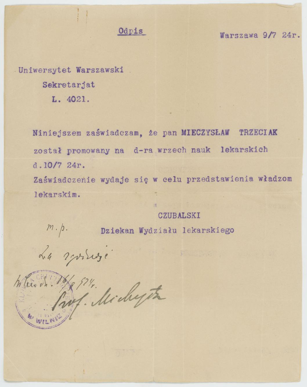 Zaświadczenie o promocji Mieczysława Trzeciaka na tytuł doktora