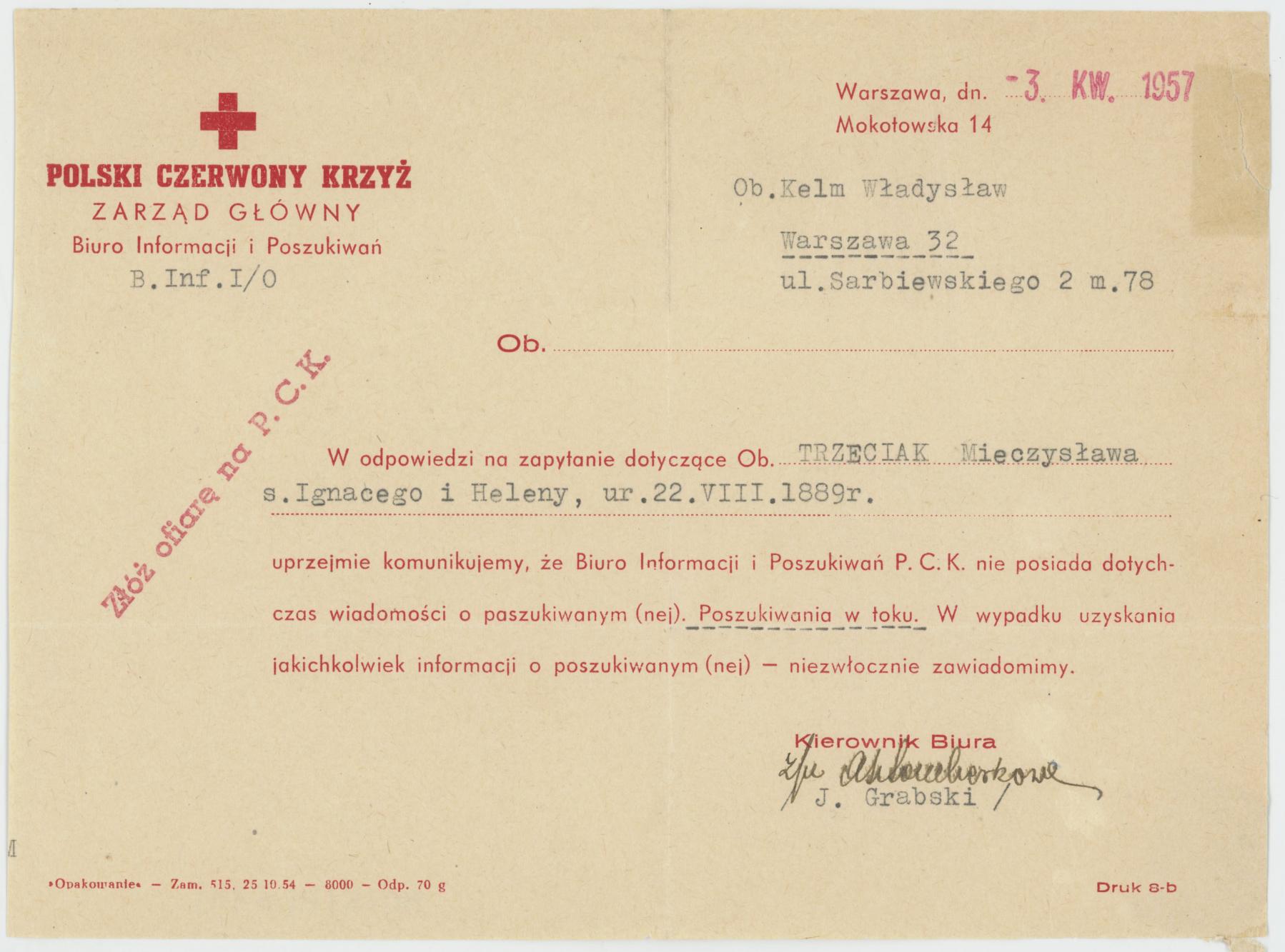 Pismo PCK do W. Kelma o braku informacji dot. Mieczysława Trzeciaka