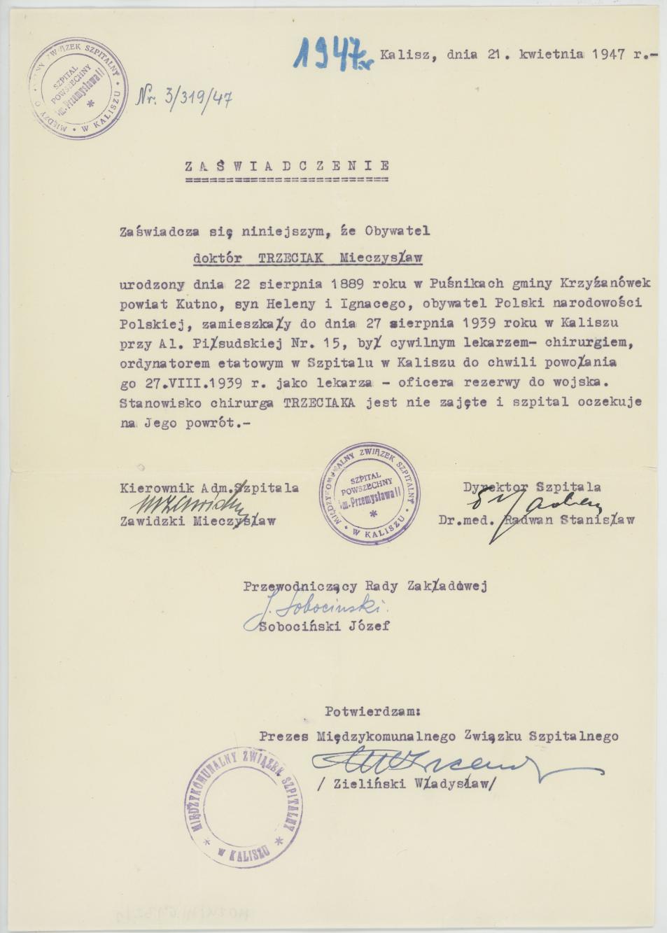 Zaświadczenie o pracy Mieczysława Trzeciaka w Szpitalu w Kaliszu