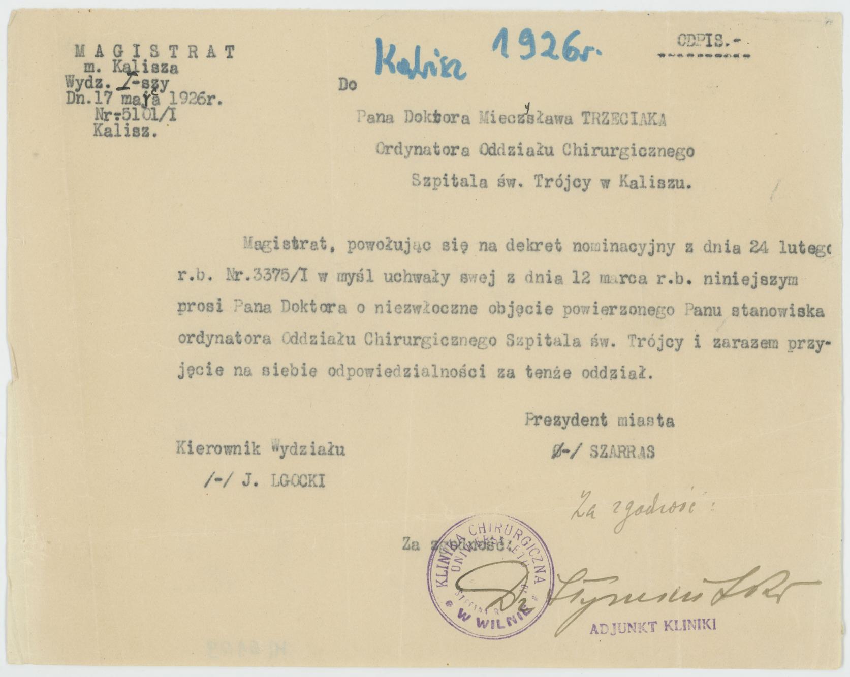 Nominacja Mieczysława Trzeciaka na stanowisko ordynatora na oddz. chirurgicznym Szpitala św. Trójcy w Kaliszu