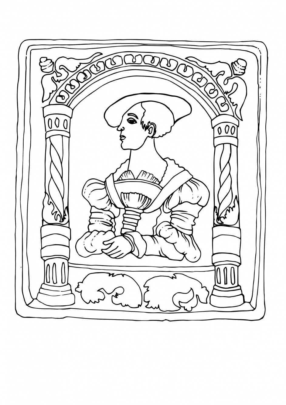 Kafel z postacią w arkadzie w stroju renesansowym do kolorowania