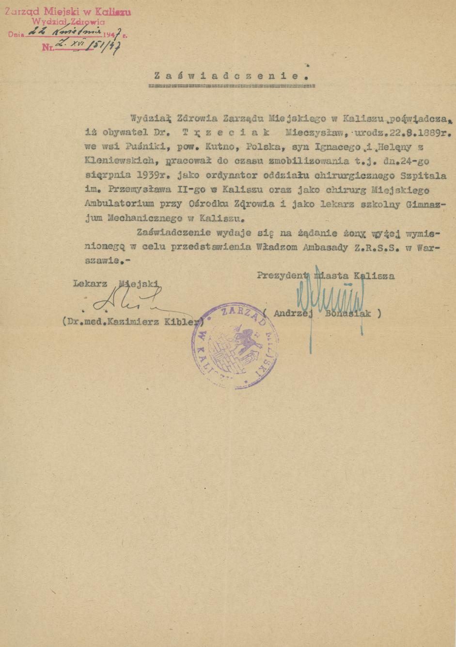 Zaświadczenie o pracy Mieczysława Trzeciaka w różnych ośrodkach medycznych