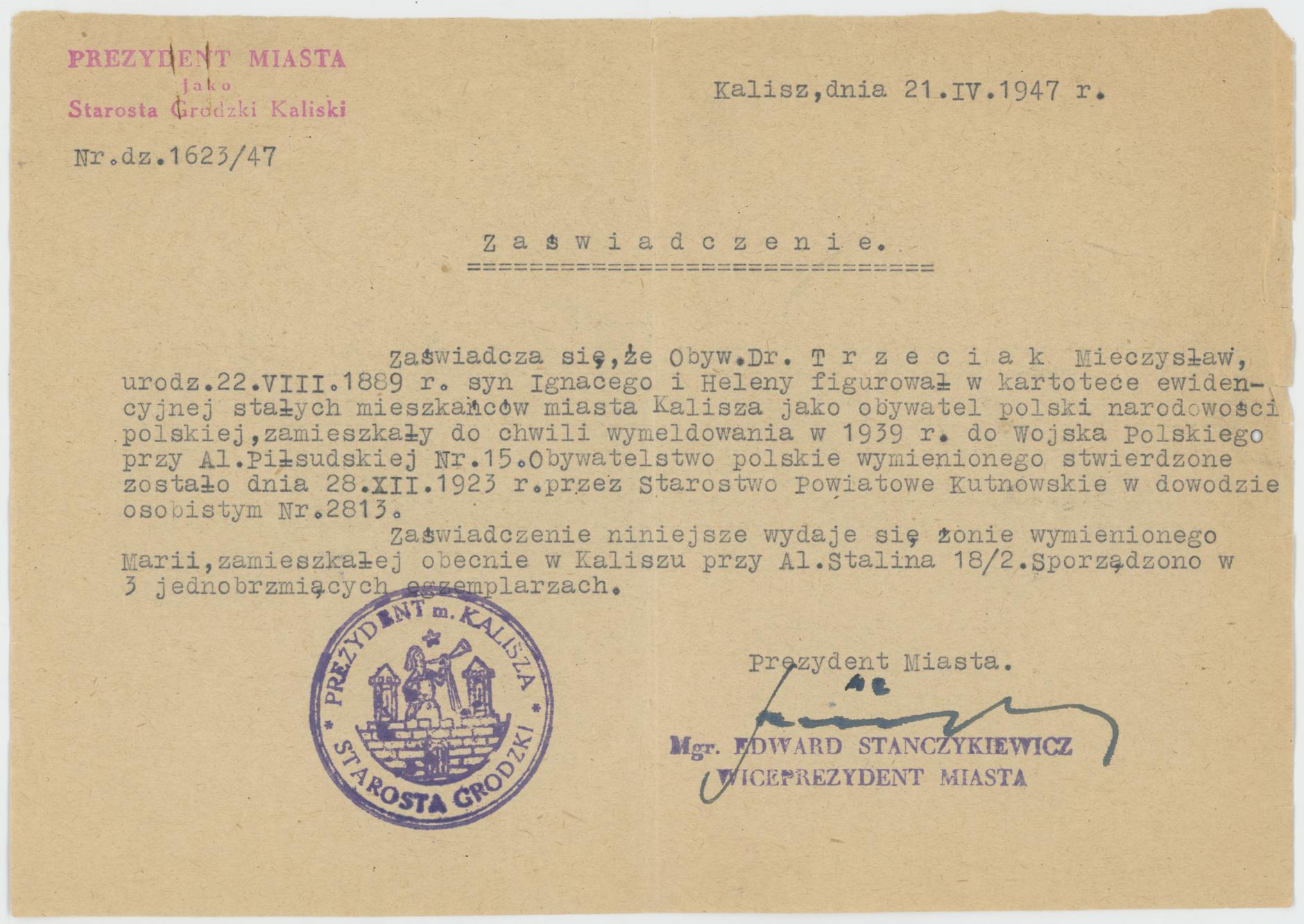 Zaświadczenie o zameldowaniu w Kaliszu Mieczysława Trzeciaka