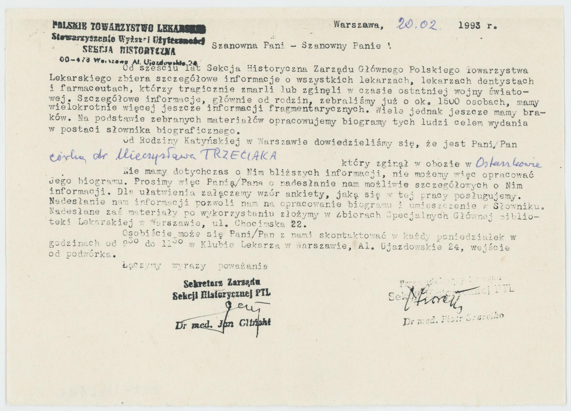 Pismo Polskiego towarzystwa Lekarskiego do córki Mieczysława Trzeciaka