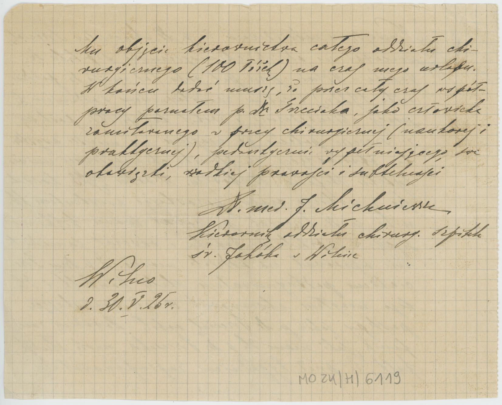 Zaświadczenie ze Szpitala św. Jakóba w Wilnie potwierdzające pracę Mieczysława Trzeciaka