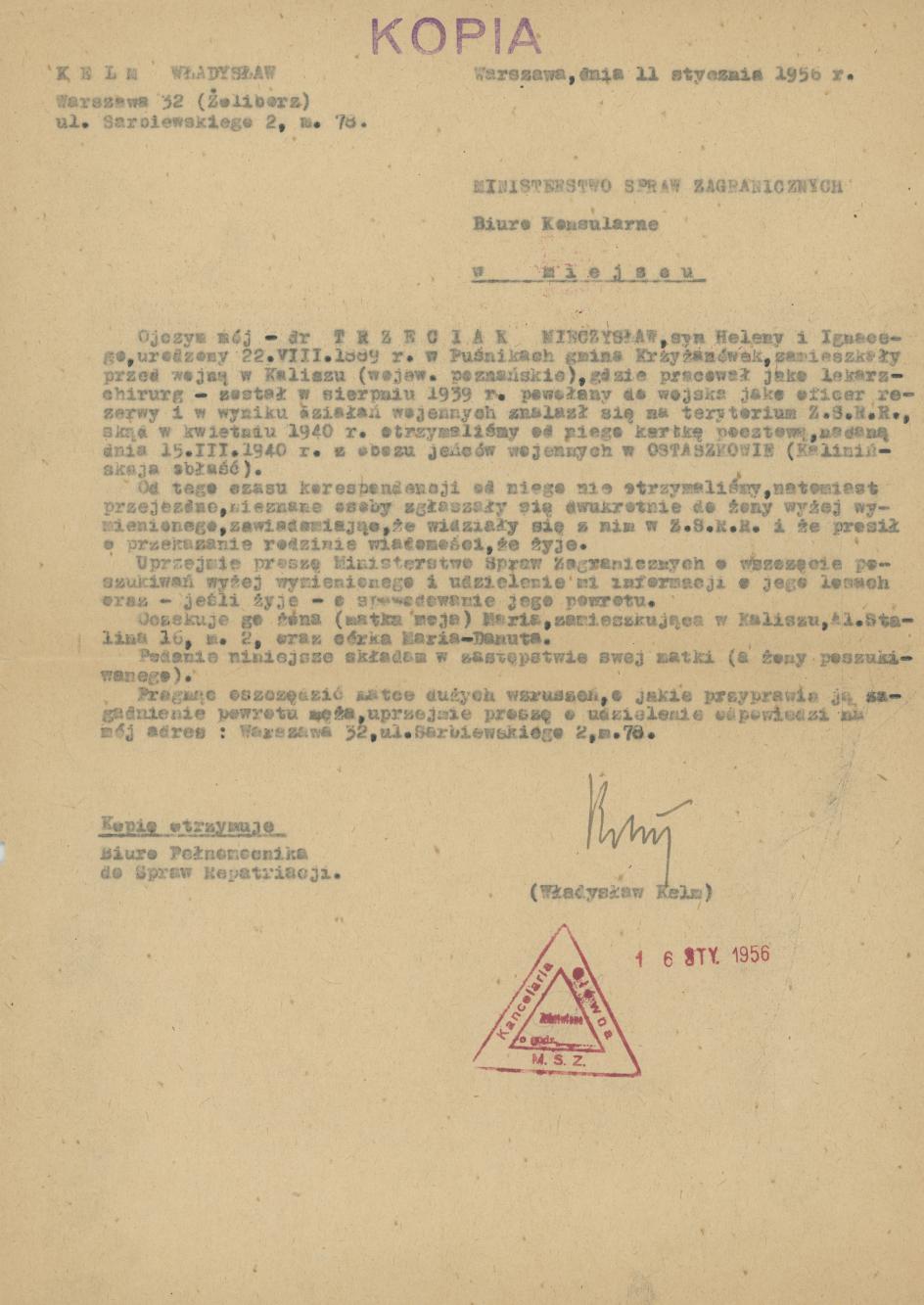 Pismo W. Kelma do Ministerstwa Spraw Zagranicznych ws. Mieczysława Trzeciaka