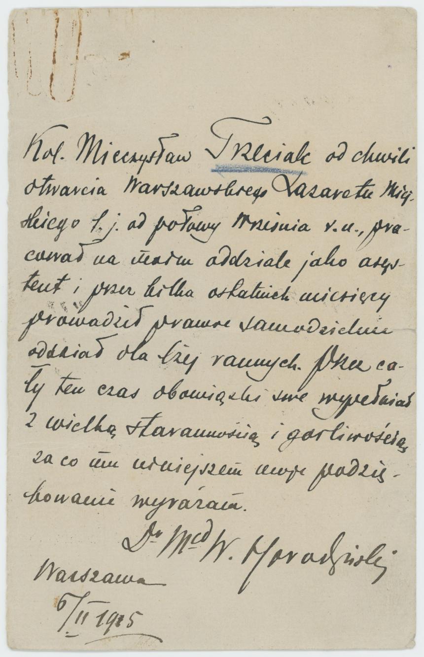 Zaświadczenie o pracy Mieczysława Trzeciaka w Warszawskim Lazarecie Miejskim