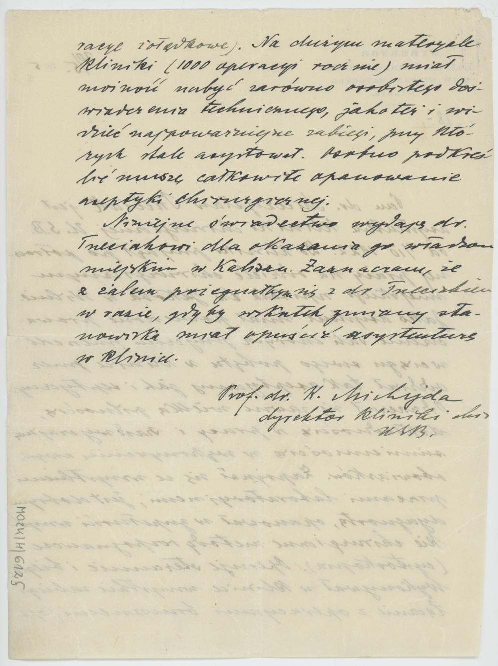 Zaświadczenie z Kliniki Chirurgicznej Uniwersytetu Stefana Batorego w Wilnie o pracy Mieczysława Trzeciaka