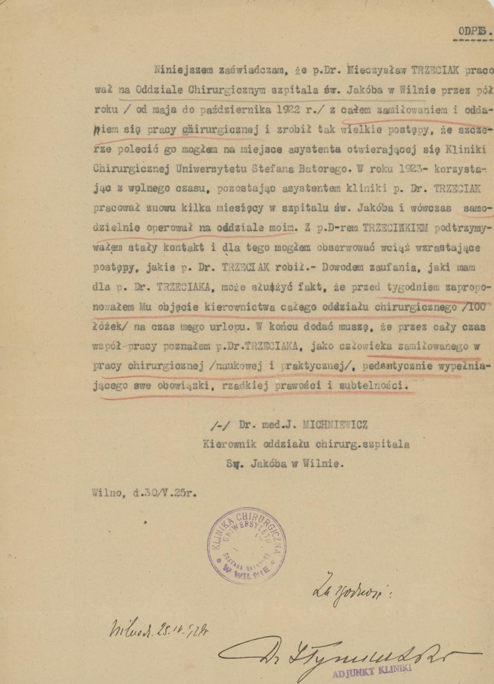 Zaświadczenie o zatrudnieniu Mieczysława Trzeciaka na oddz. chirurgii Szpitala św. Jakóba w Wilnie