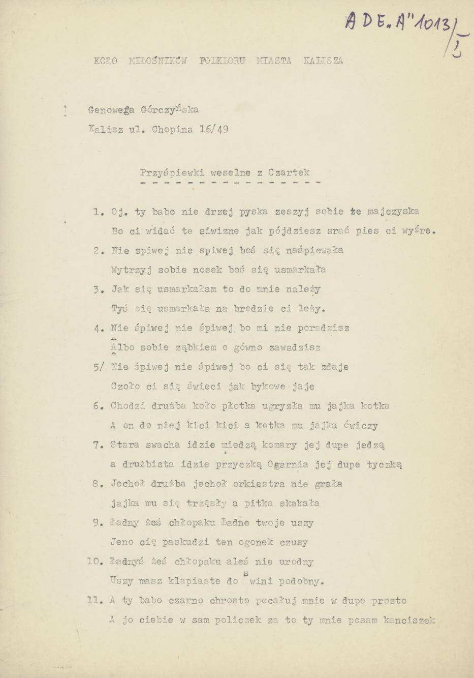 Przyśpiewki weselne z Czartek