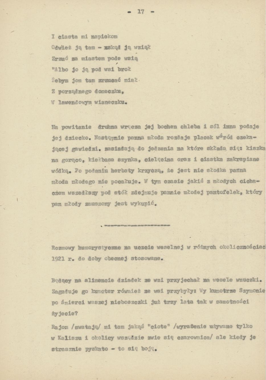 Śpiewy ludowe weselne na terenie miasta Kalisza i powiatu śpiewane dowcipy i przysłowia