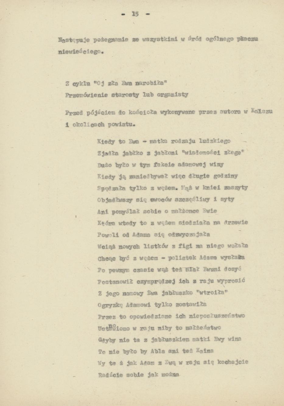 Śpiewy ludowe weselne na terenie miasta Kalisza i powiatu śpiewane dowcipy i przysłowia