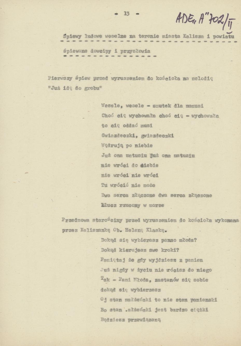 Śpiewy ludowe weselne na terenie miasta Kalisza i powiatu śpiewane dowcipy i przysłowia